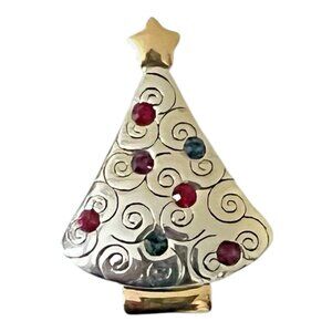 Lia Sophia Christmas Tree Silver Gold Tone Pin Brooch Multicolor Stones 1 3/8"